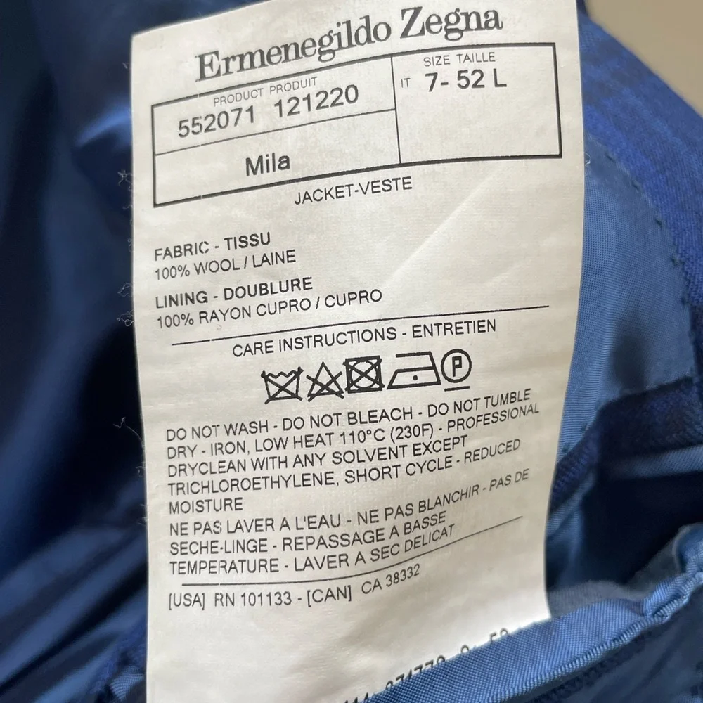 Ermenegildo Zegna Wool Sport Coat Blue Windowpane US 42L/IT 52L Blazer Office